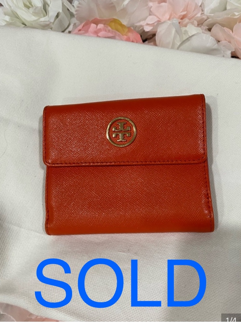 ***SOLD***Tory Burch Red-Orange Saffiano Leather Wallet with Gold Logo